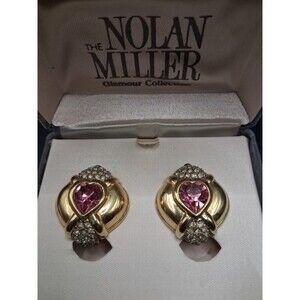 Vintage Nolan Miller Glamour Collection Pink Heart Rhinestone Clip Earrings